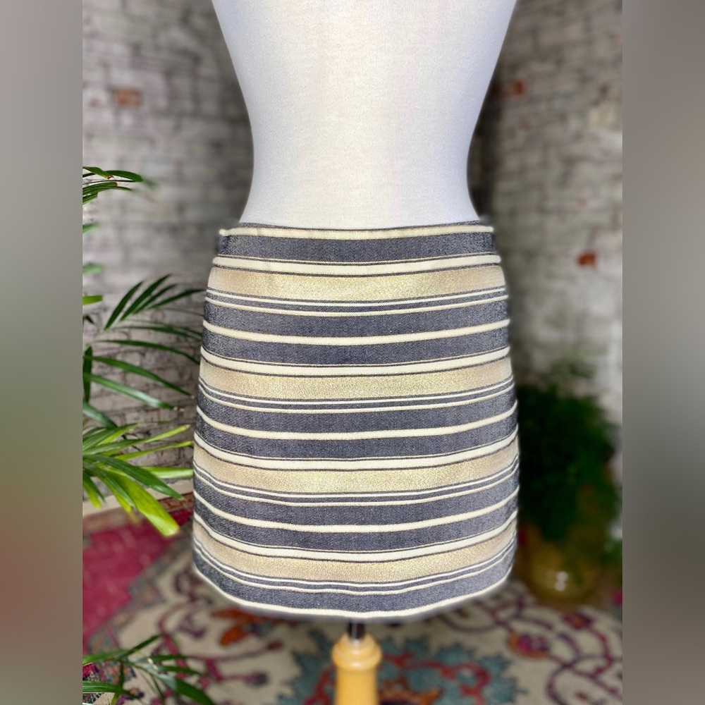 J. Crew Factory Gold Navy Metallic Stripped Preppy Mini Skirt Blogger Favorite 6 - Picture 3 of 5